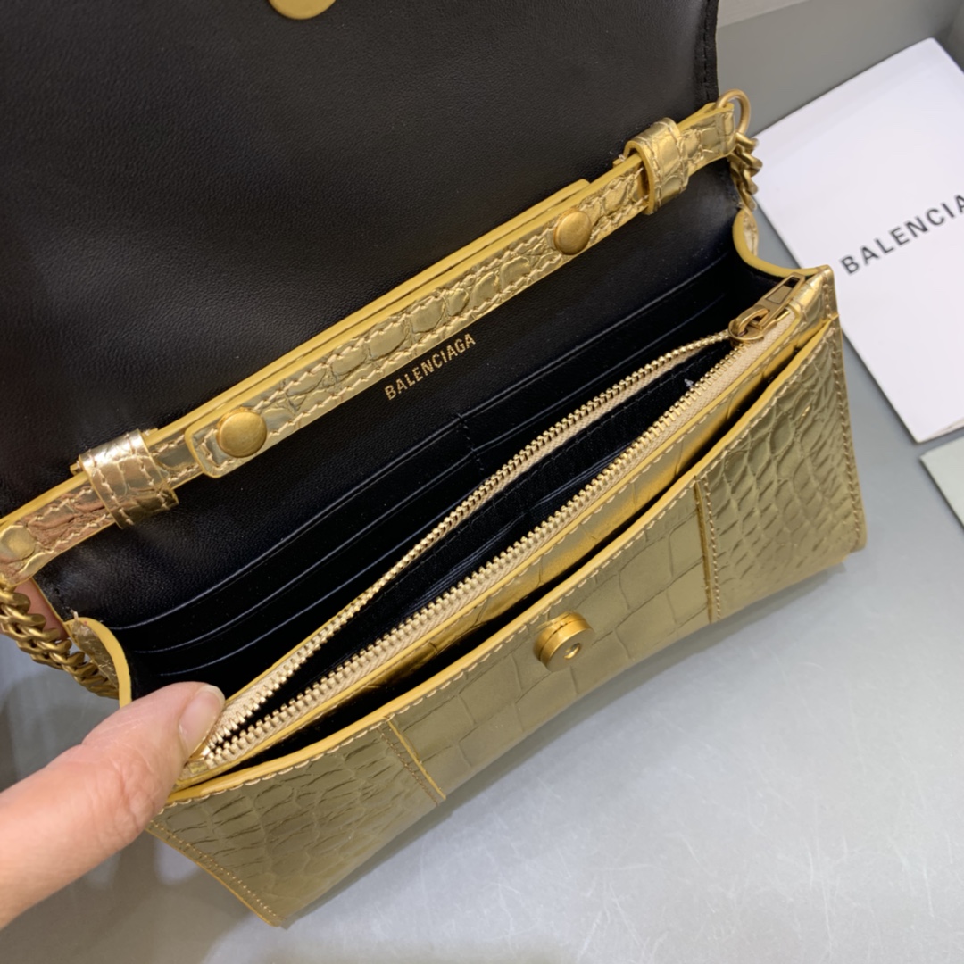 Balenciaga Small Hourglass Wallet With Chain Crocodile Embossed Shoulder Bag Gold